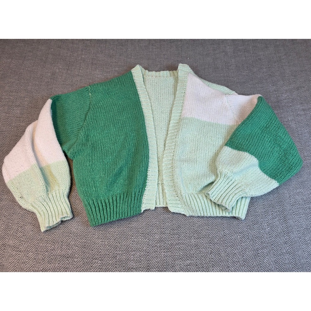 SHEIN Womens Green Colorblock Chunky Knit Cardigan Balloon Sleeve Sweater Size M - Picture 7 of 10